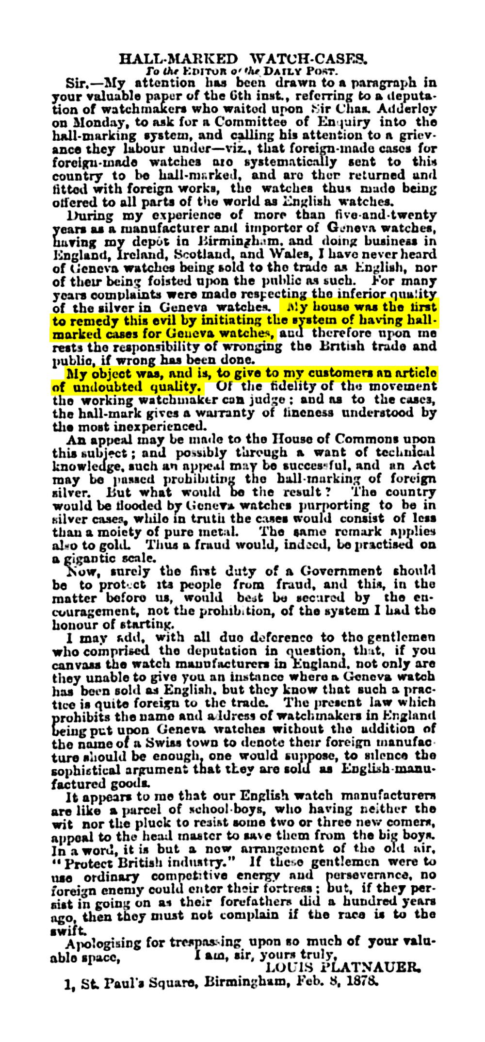 Letter from Louis Platnauer, February 1878