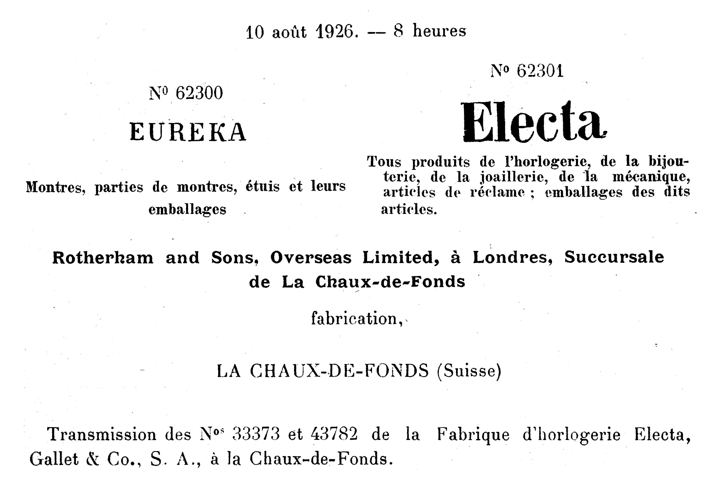 10 August 1926 transfer of trademarks