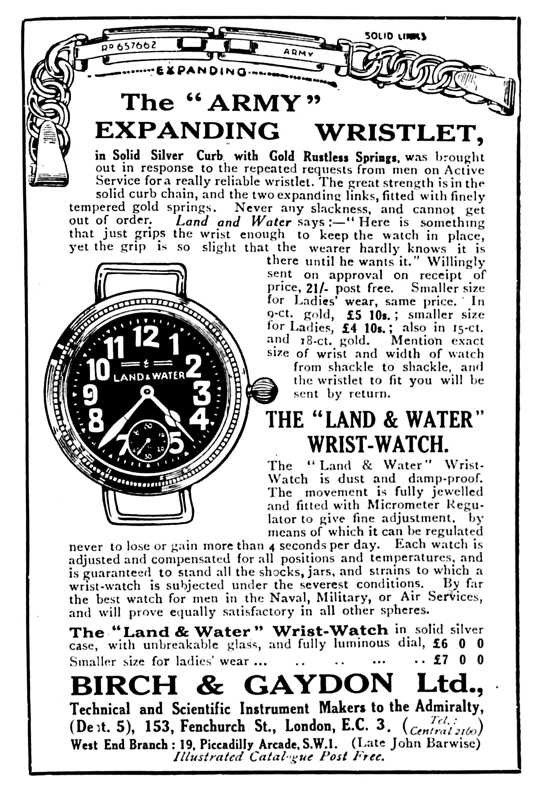 Birch & Gaydon advert for Army bracelet, January 1919