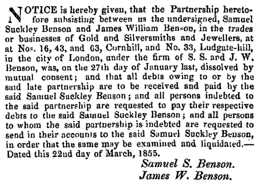 Dissolution of Benson partnership.