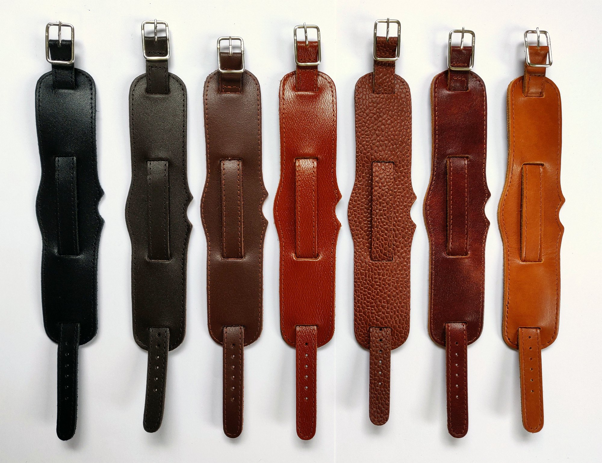 Type B straps with Great War sterling silver buckles:<br> Black, Dark Brown, Sepia, Chestnut, Tan Morocco, Italian Dark Chestnut, Italian Brandy