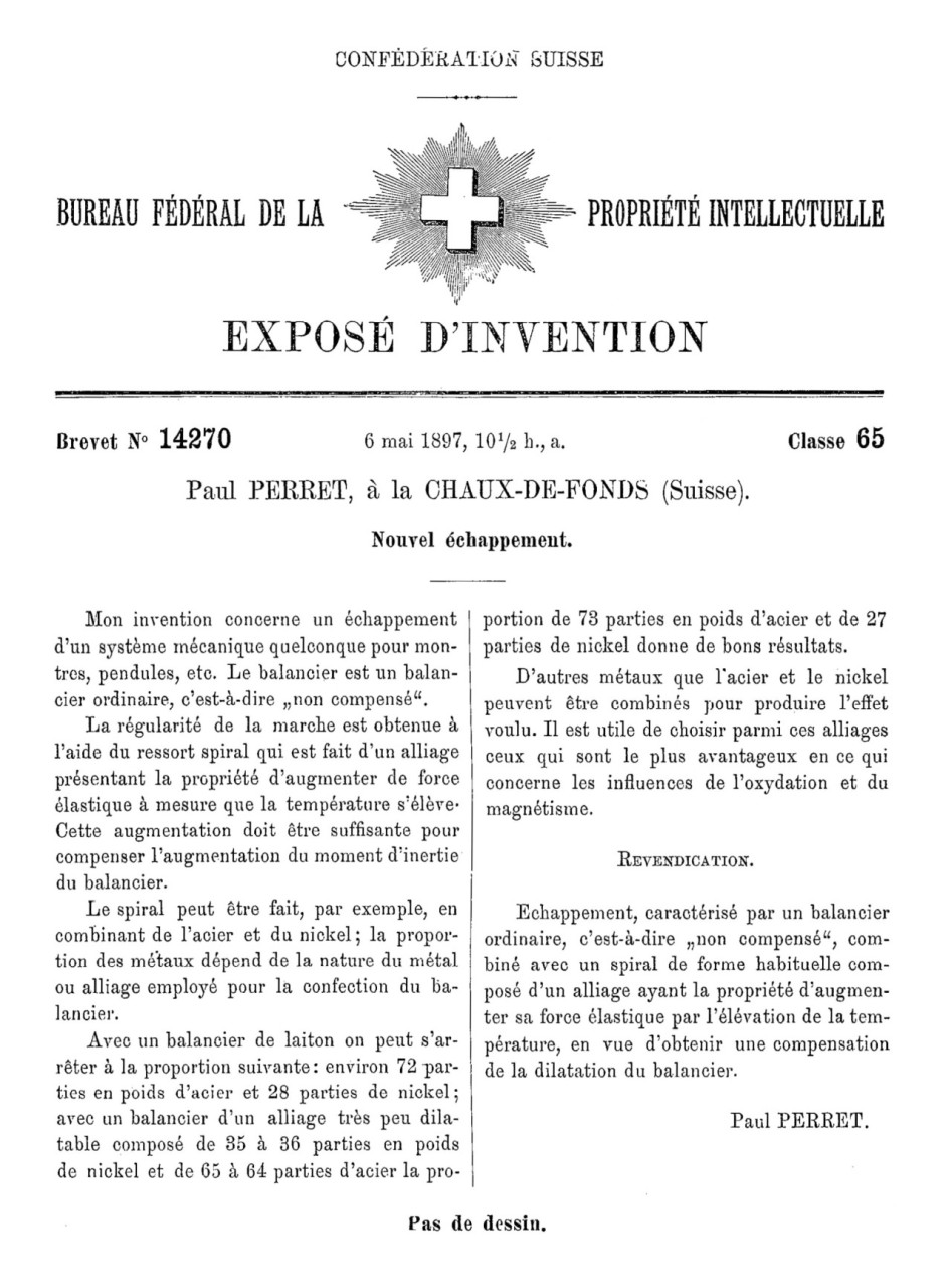 <b>Figure 2</b> Paul Perret patent CH14270 for nickel steel balance springs