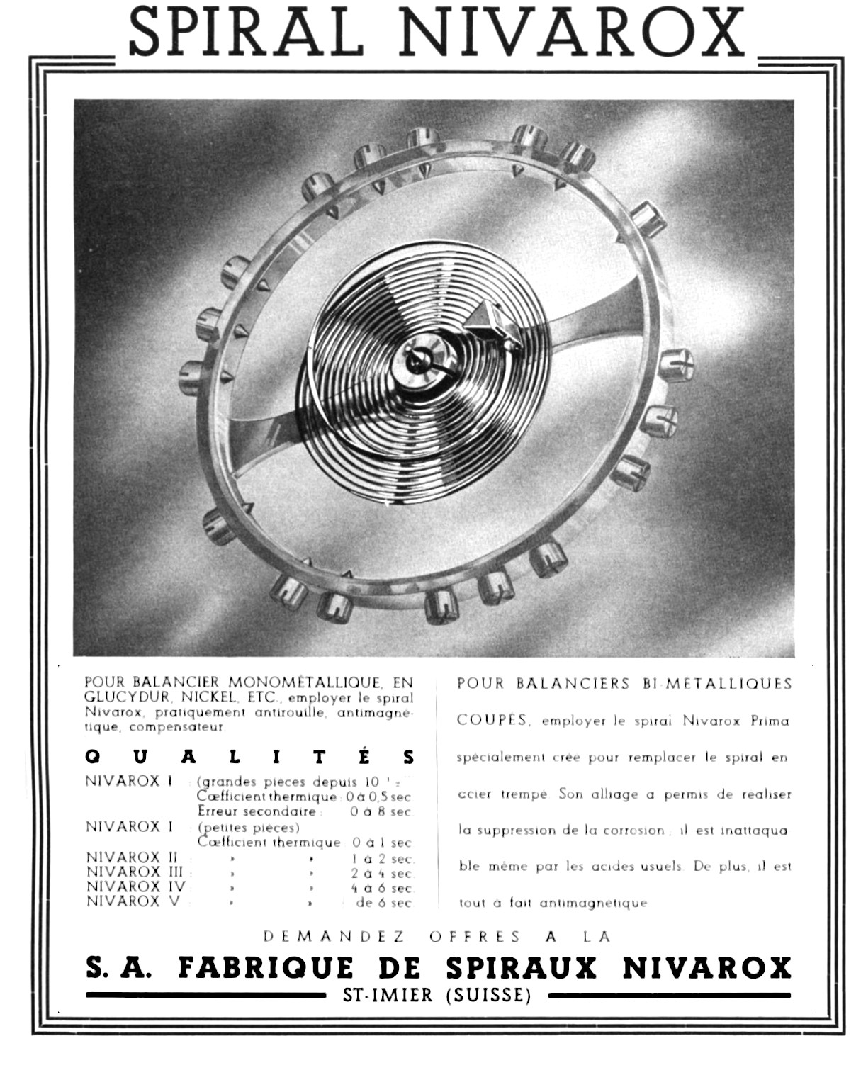 Advert for Nivarox balance springs